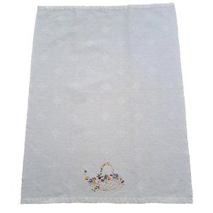 Vintage Tea Towel Embroidered Flower Basket Cotton Spring Cottage Country 23x17